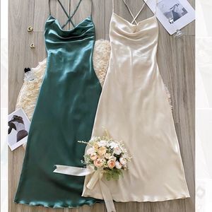 New 2pcs Lace Up Backless Satin Sleep Dress green and ivory
